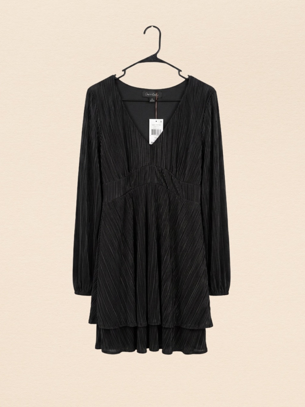 Women's Black Long-Sleeve Pleated V-Neck Mini Dress